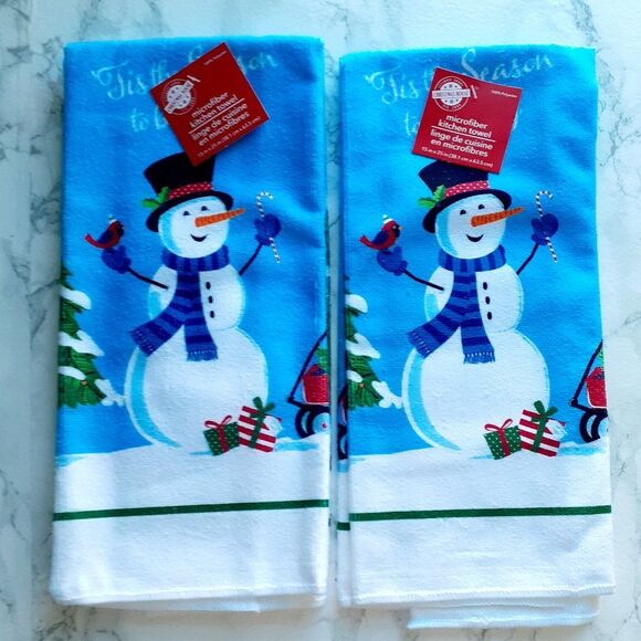 Snowman Ice Blue  Kitchen Towel Dish Towel  Set of 2 - Picture 1 of 5